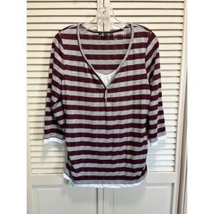 Absolutely Famous Burg/Gray Striped 3/4 Sleeve Top Scoop Neck Size Large Soft
